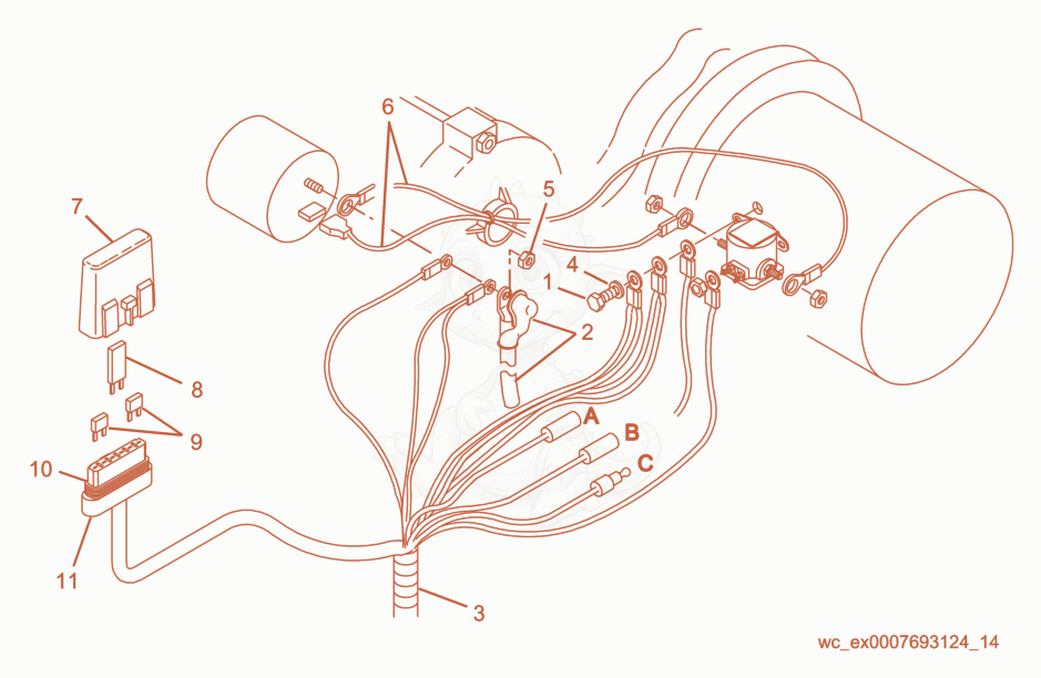 Exploded parts diagram of the Starter Wire Connection of a Wacker Neuson RD11A, with numbered balloons