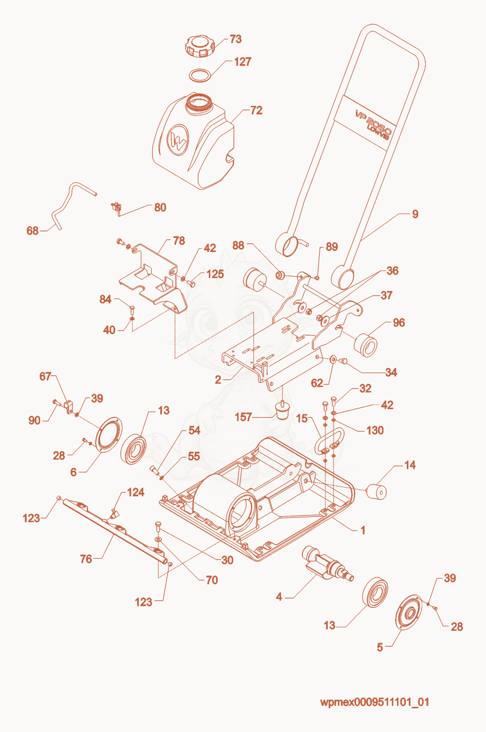 Exploded parts diagram of the Baseplate/Console cpl. of a Wacker Neuson VP2050AW, with numbered balloons