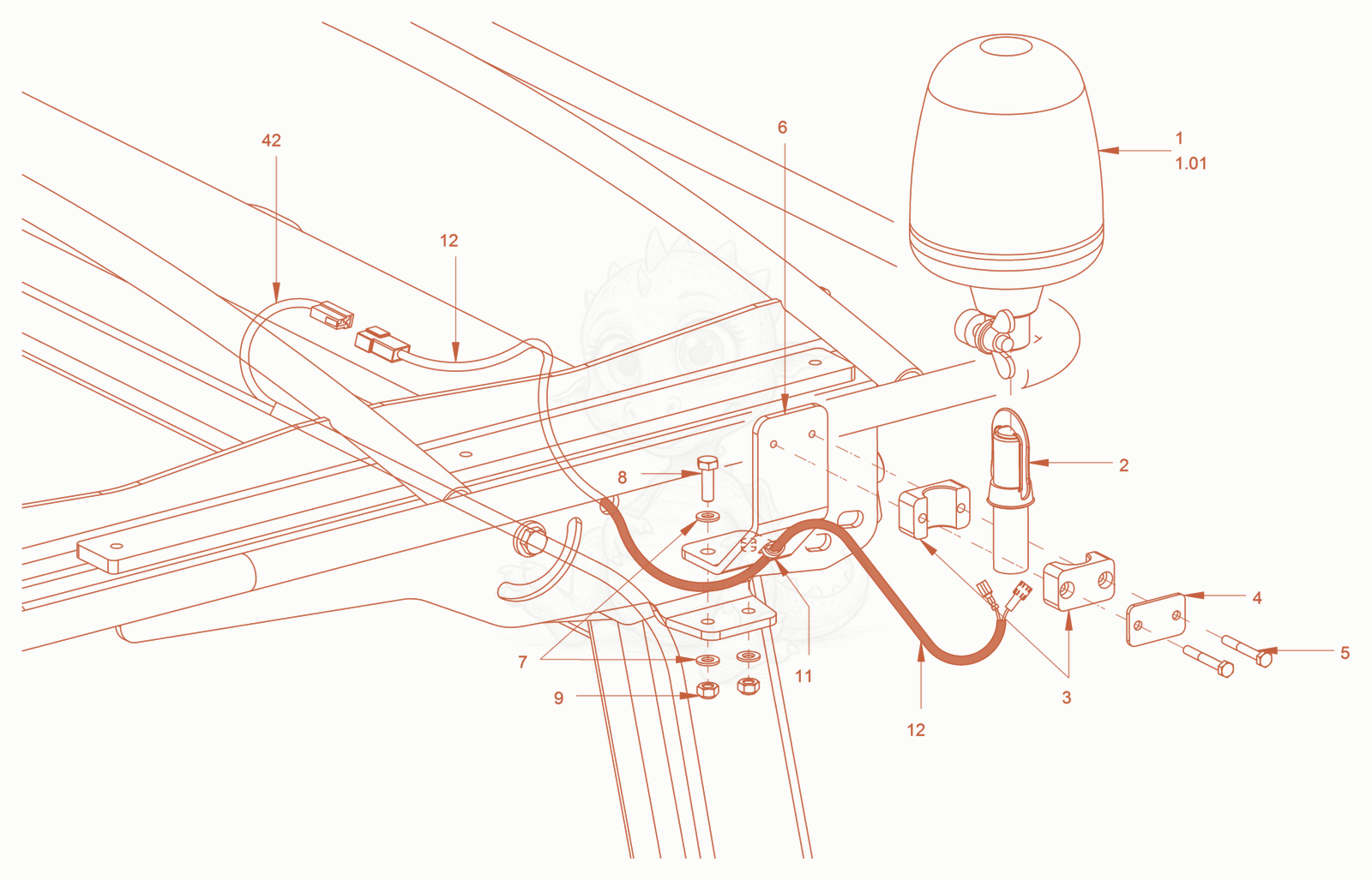 Exploded parts diagram of the warning light (sun roof) of a Wacker Neuson RD24-100O.3, with numbered balloons