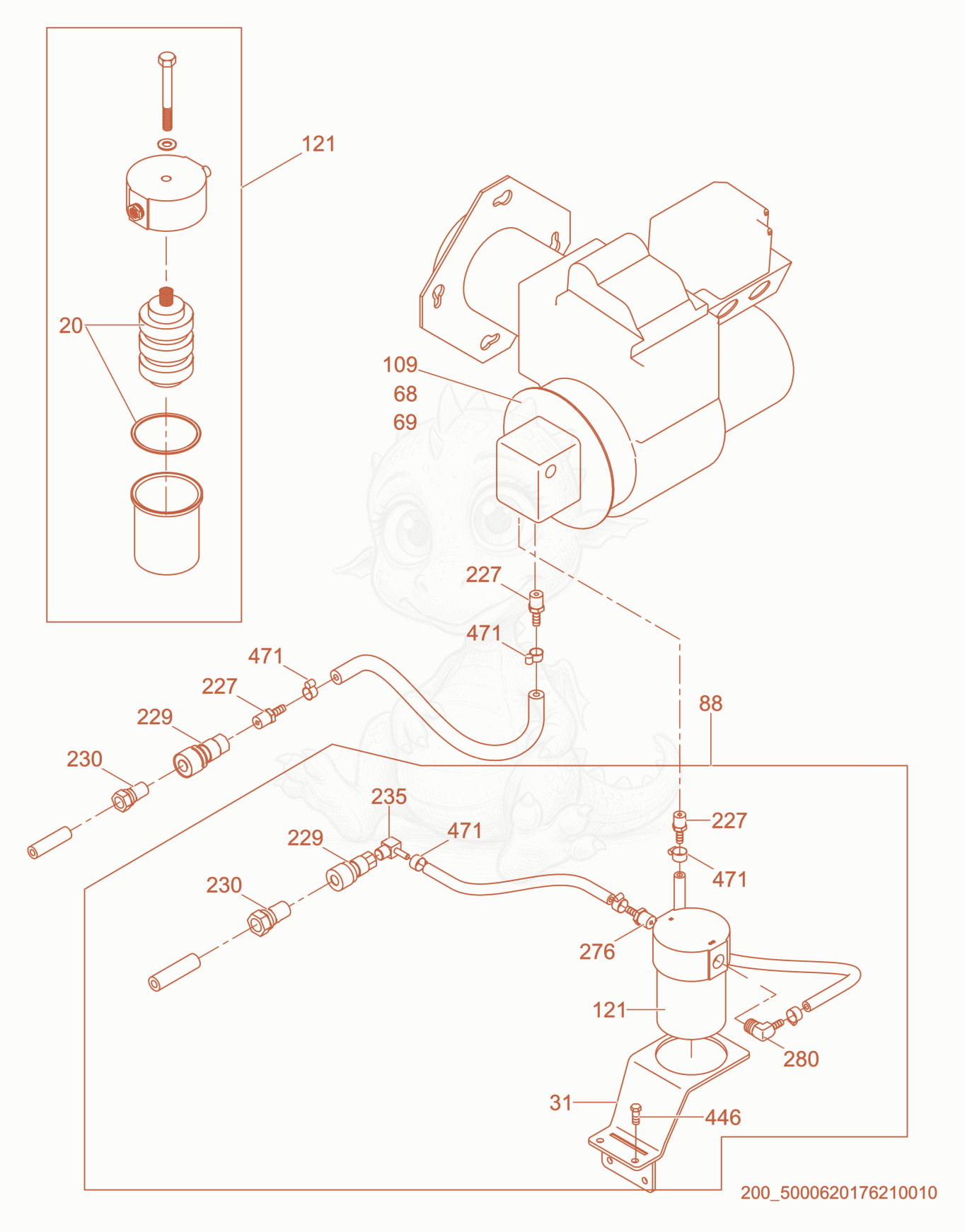 Exploded parts diagram of the Fuel System of a Wacker Neuson E3000ES, with numbered balloons