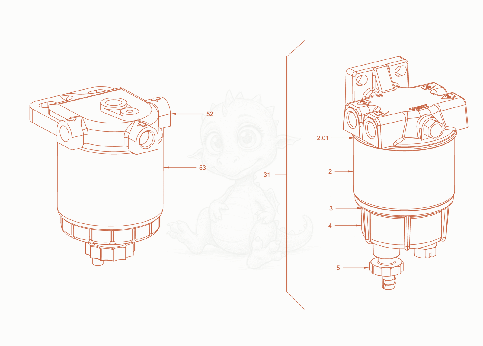 Exploded parts diagram of the fuel filter of a Wacker Neuson RD24-100C.3, with numbered balloons
