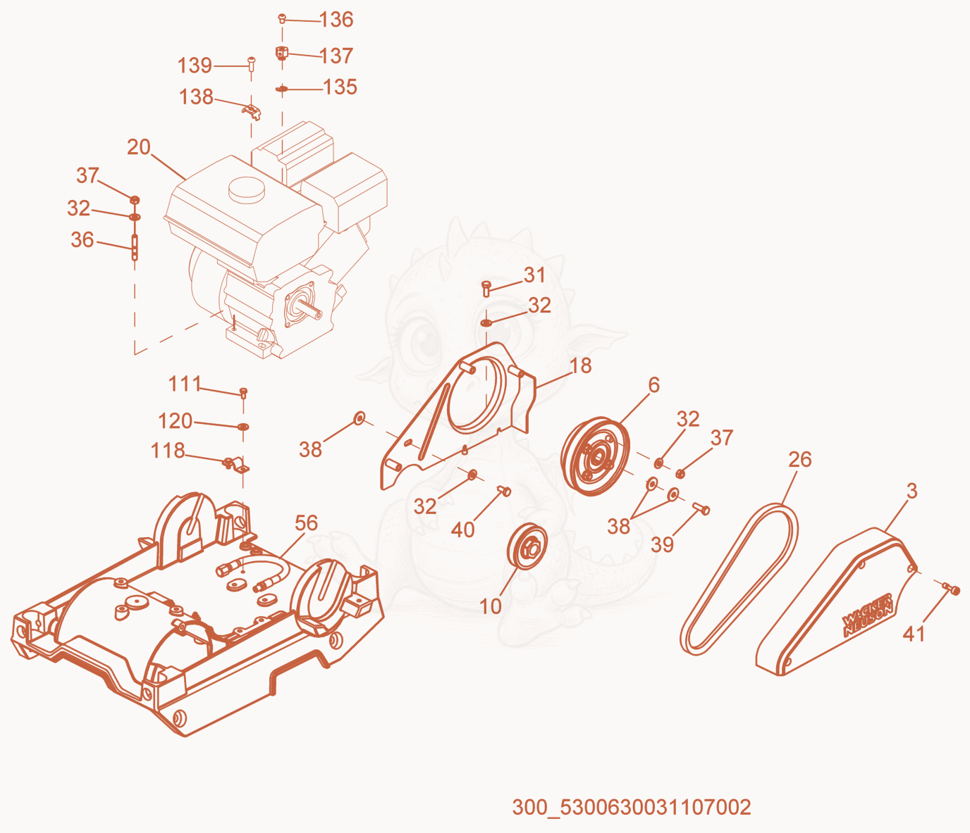 Exploded parts diagram of the Beltguard/Clutch of a Wacker Neuson WPP1550W, with numbered balloons