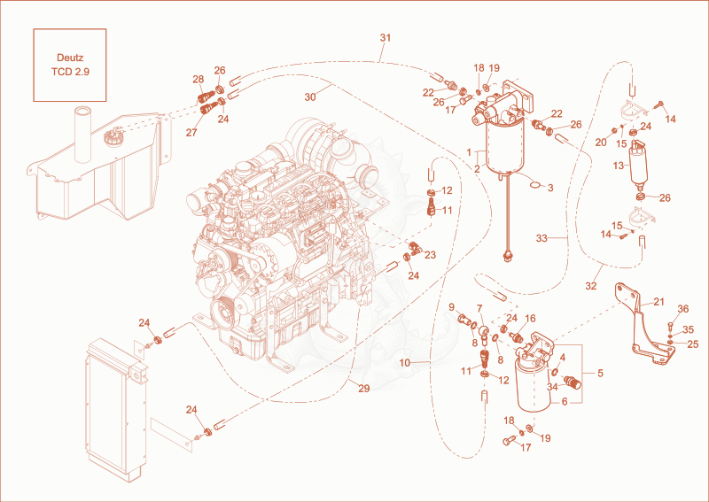 Exploded parts diagram of the fuel system of a Wacker Neuson DW50, with numbered balloons