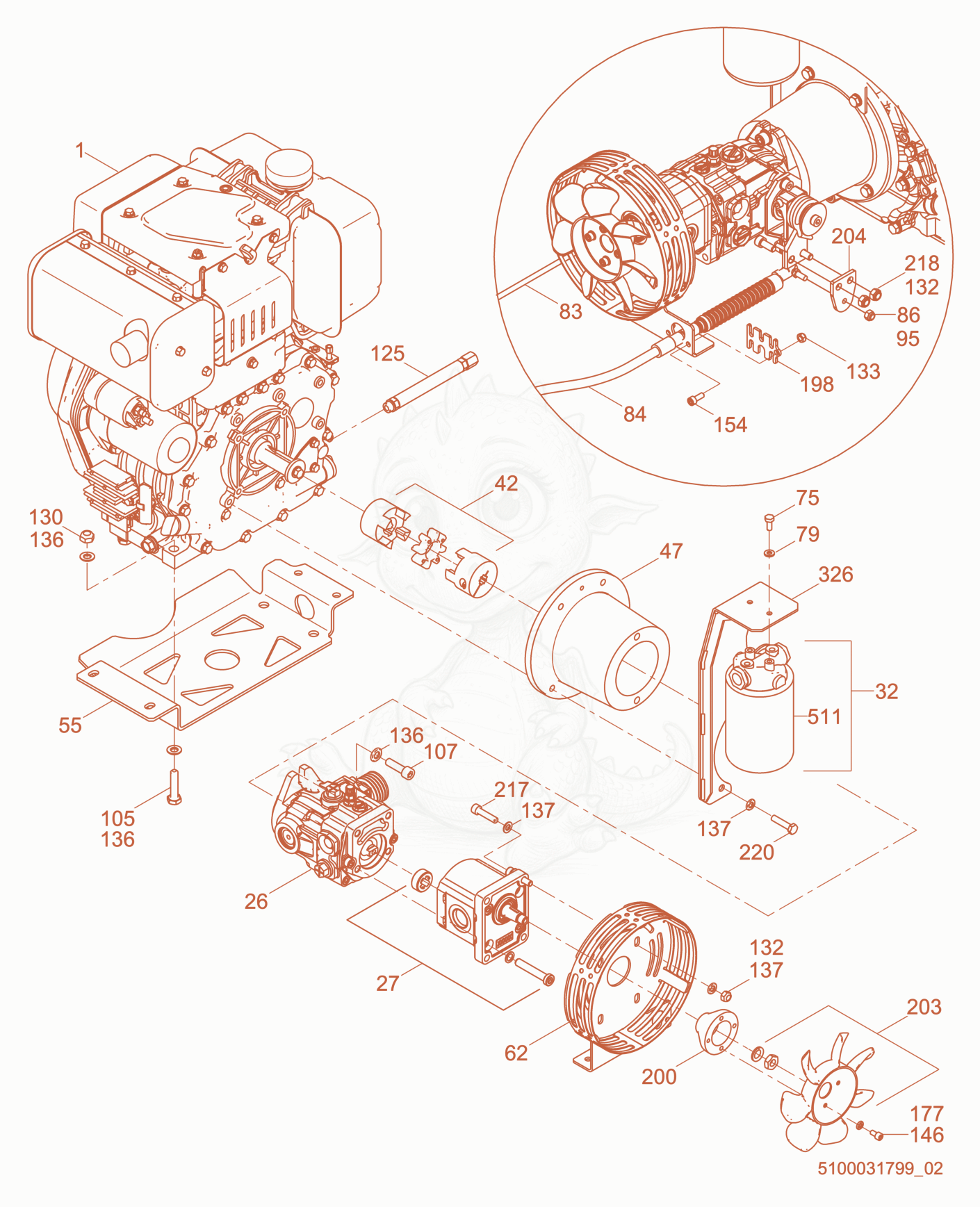 Exploded parts diagram of the Engine Compartment of a Wacker Neuson RD7YE, with numbered balloons
