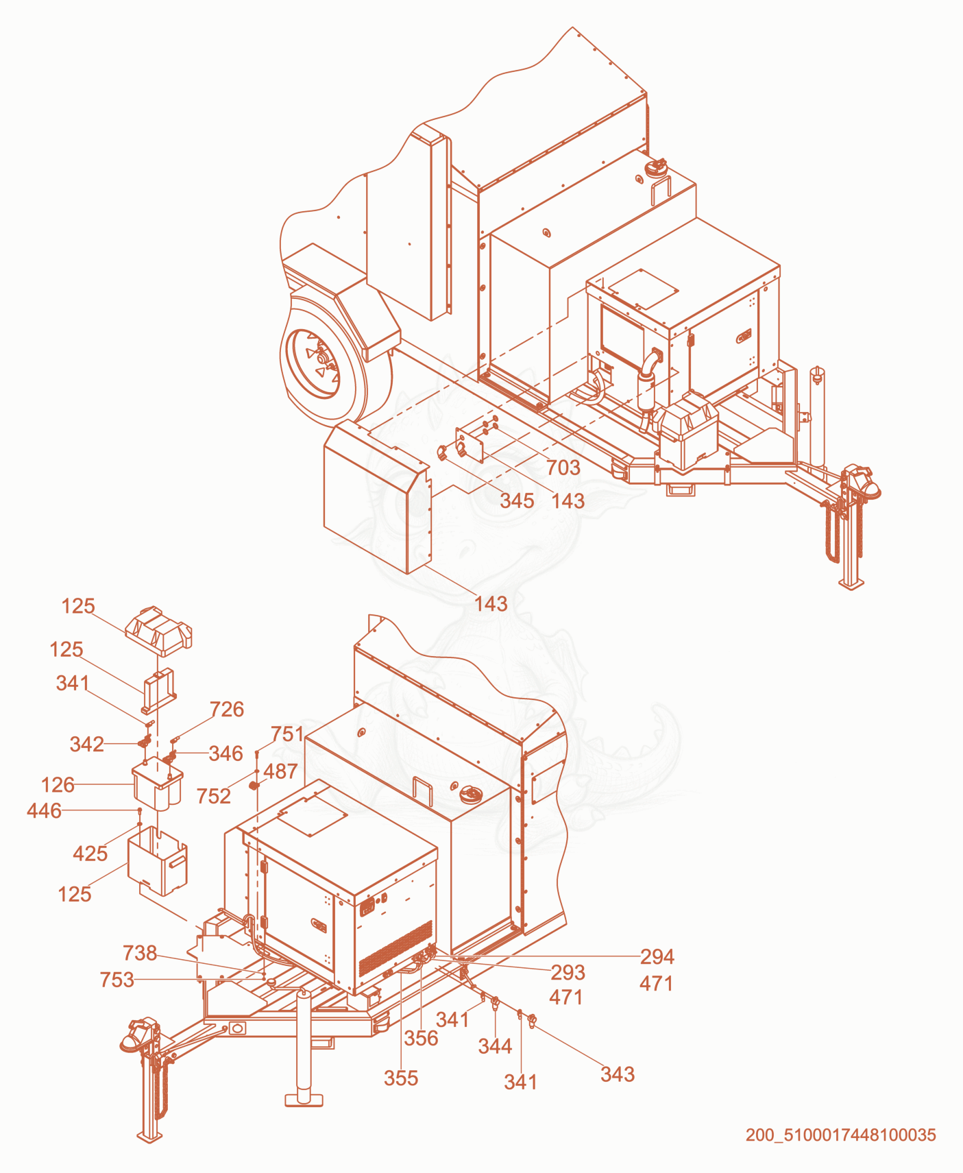 Exploded parts diagram of the Genset Enclosure cpl. of a Wacker Neuson E2200, with numbered balloons