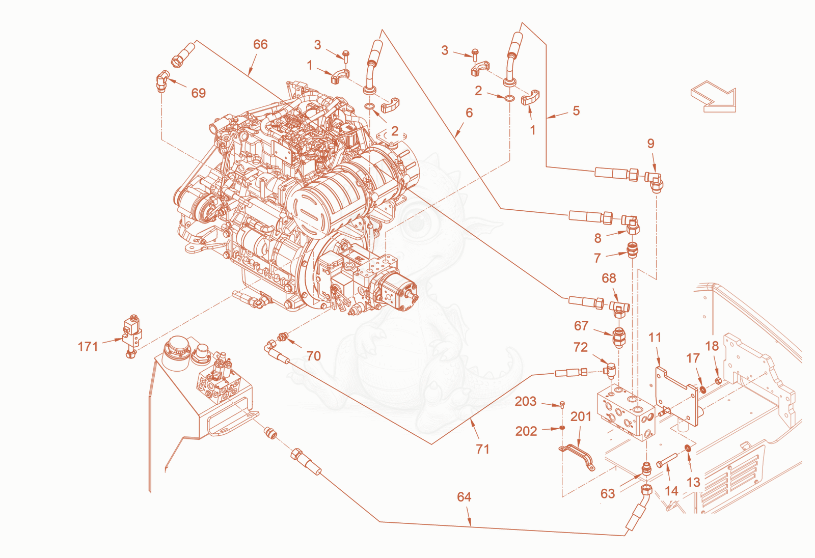 Exploded parts diagram of the drive hydraulics of a Wacker Neuson RD28-120DPF, with numbered balloons