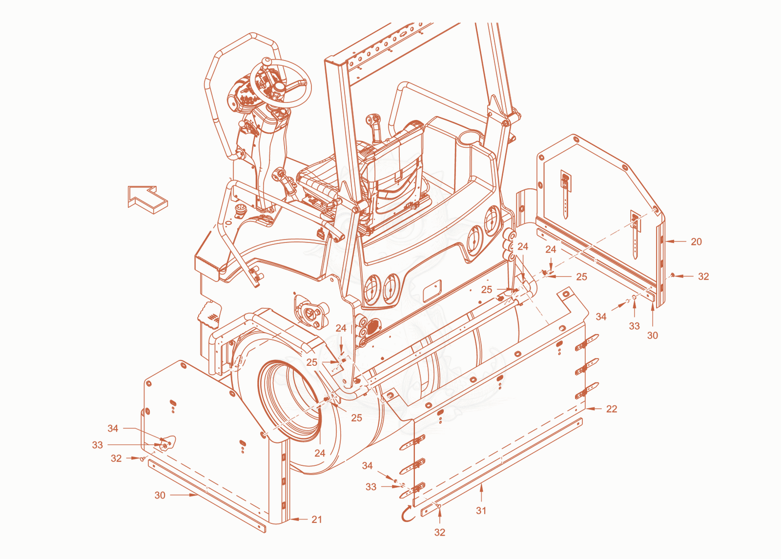 Exploded parts diagram of the thermal aprons of a Wacker Neuson RD40-130CDPF, with numbered balloons