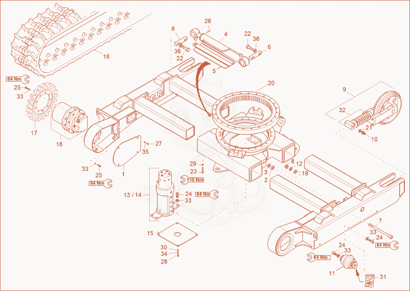 Exploded parts diagram of the TRACKLAYING GEAR (OPTION) of a Wacker Neuson 1703, with numbered balloons