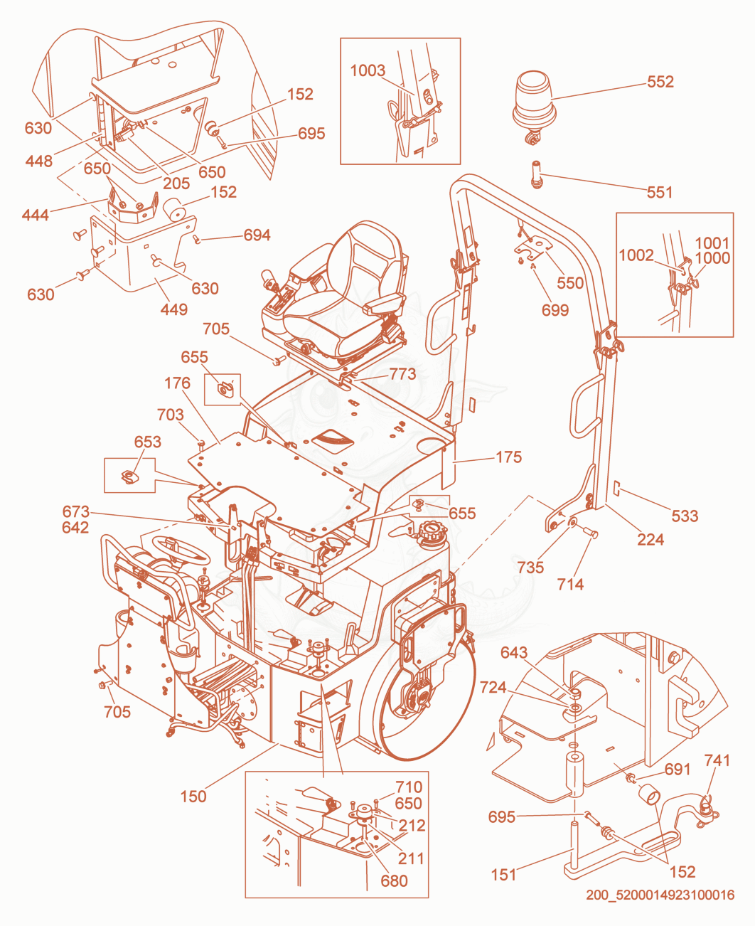 Exploded parts diagram of the ROPS Protection/Seat Unit of a Wacker Neuson RD27-120, with numbered balloons