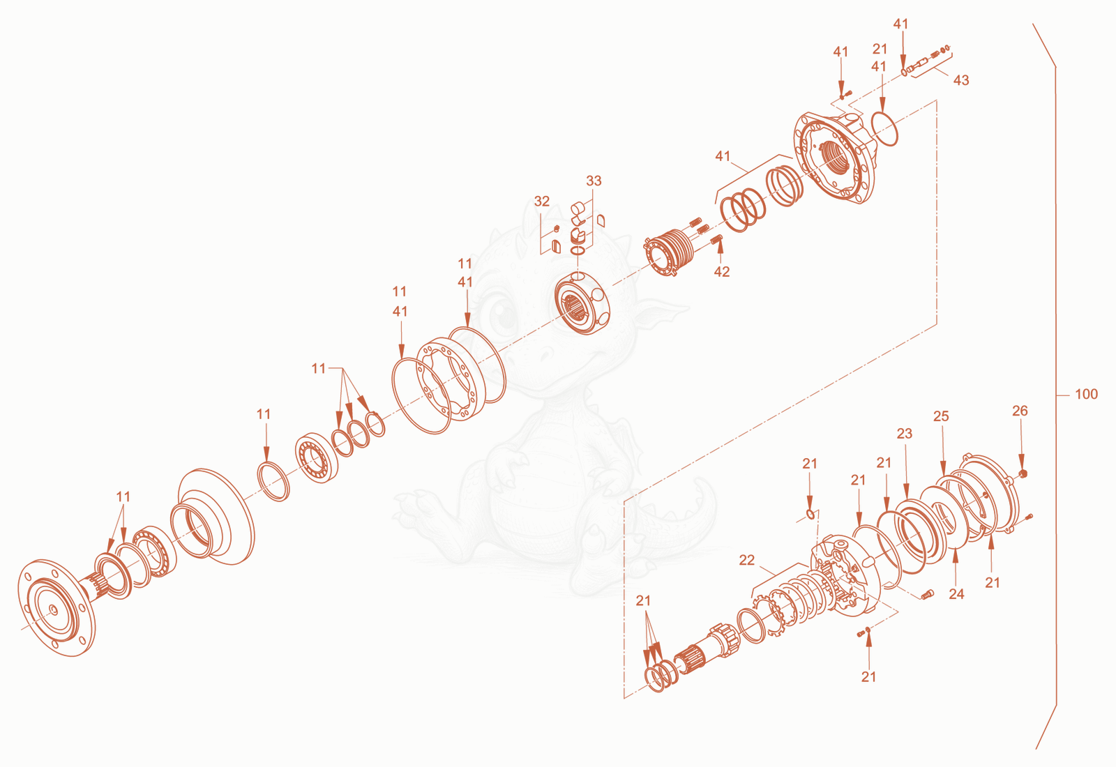 Exploded parts diagram of the gear hub motor of a Wacker Neuson RC70PDPFCAB, with numbered balloons