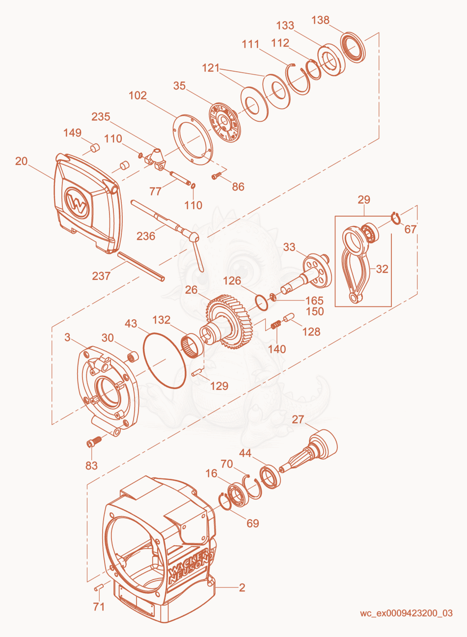 Exploded parts diagram of the Crankcase cpl. of a Wacker Neuson BS65-VEU, with numbered balloons