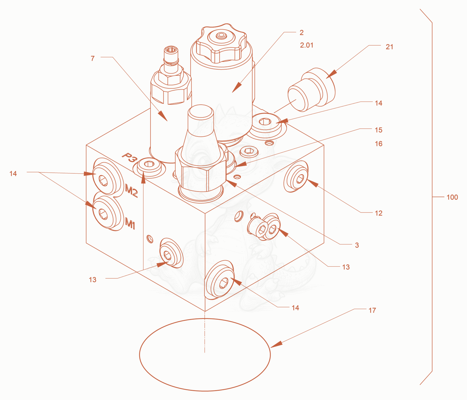 Exploded parts diagram of the control block of a Wacker Neuson RD24-100.3, with numbered balloons