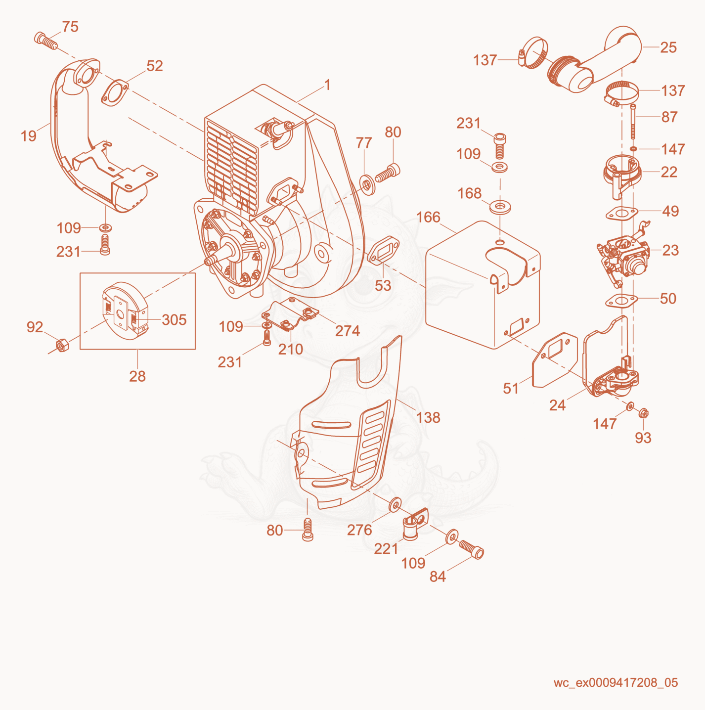 Exploded parts diagram of the Engine cpl. of a Wacker Neuson BS50-2I, with numbered balloons
