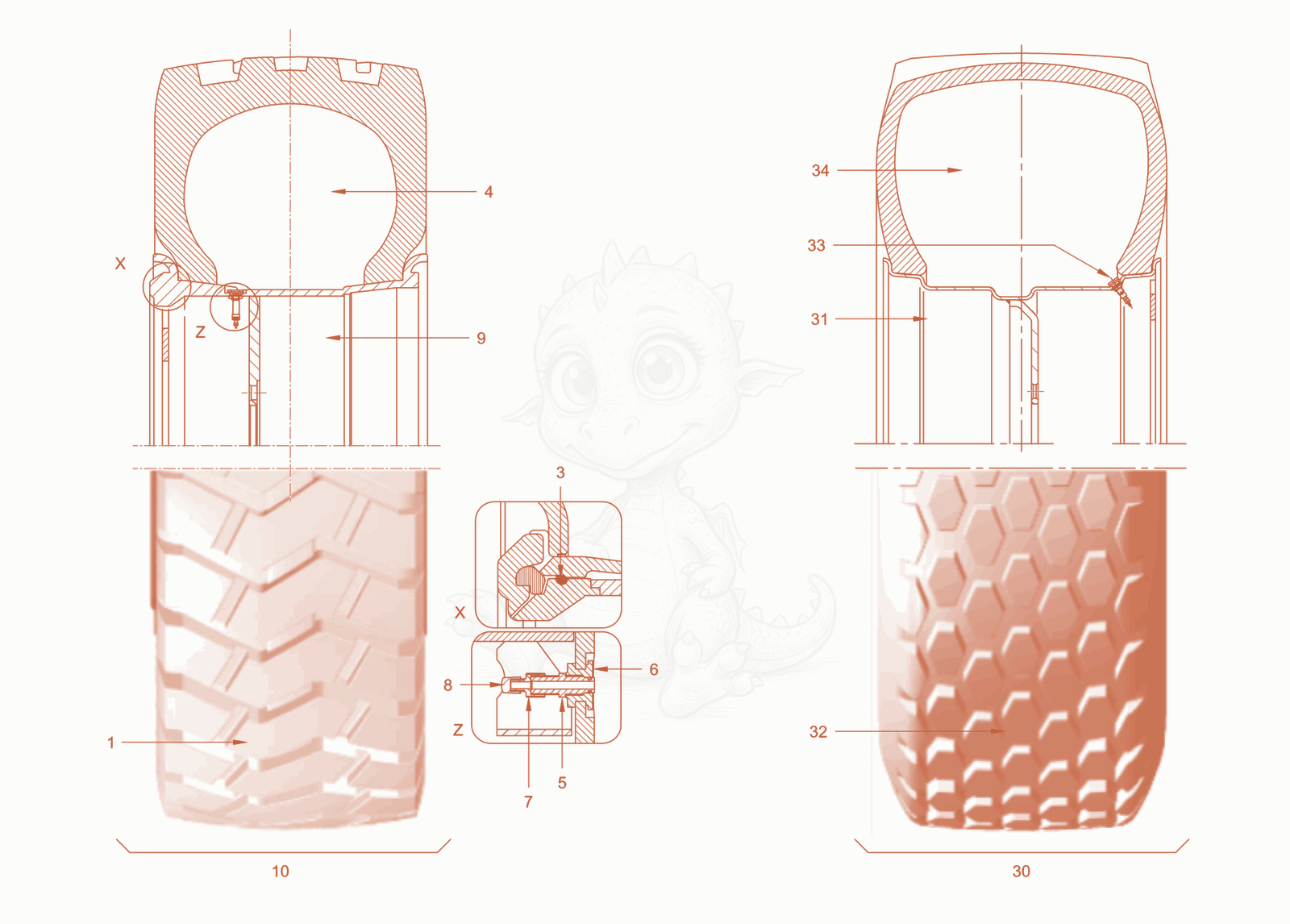Exploded parts diagram of the tyre equipment of a Wacker Neuson RC110CAB, with numbered balloons