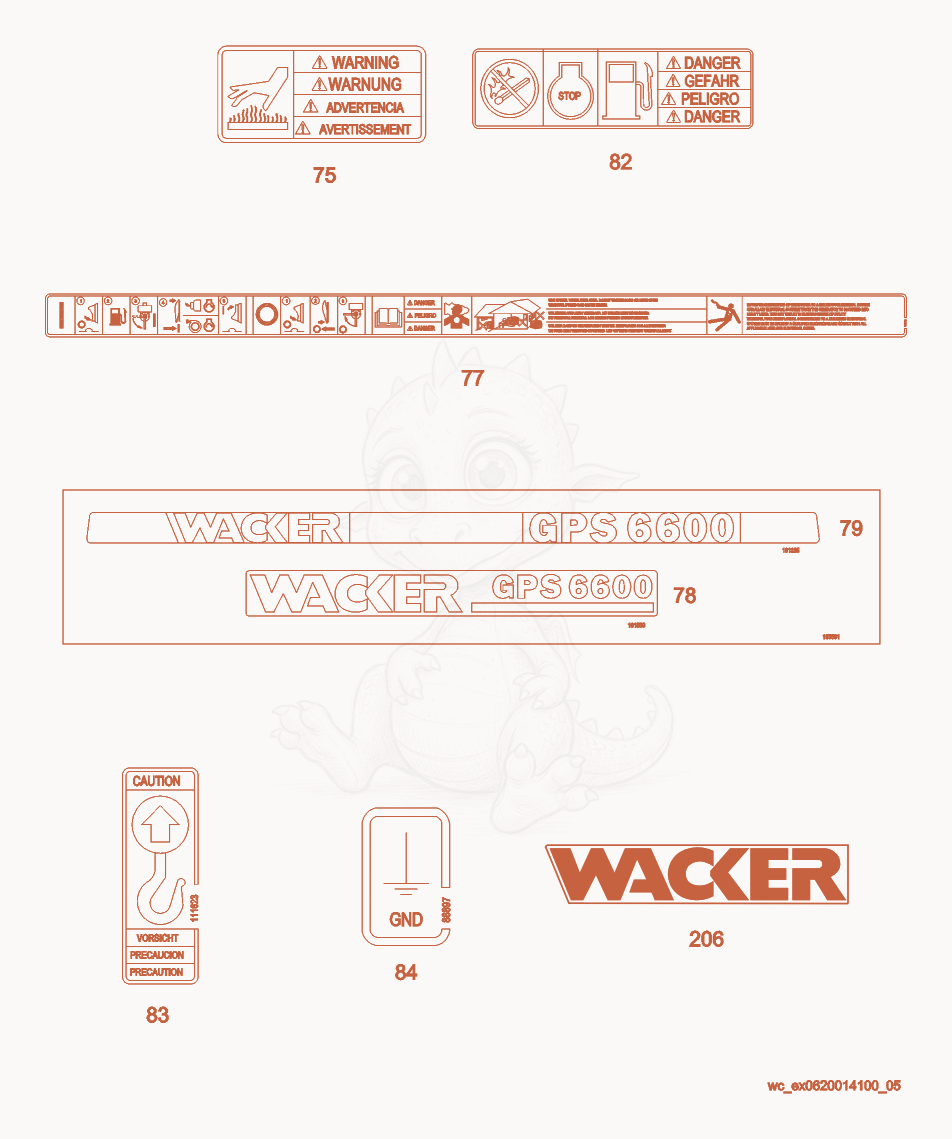 Despiece del Labels de una máquina Wacker Neuson GPS6600A, con globos numerados