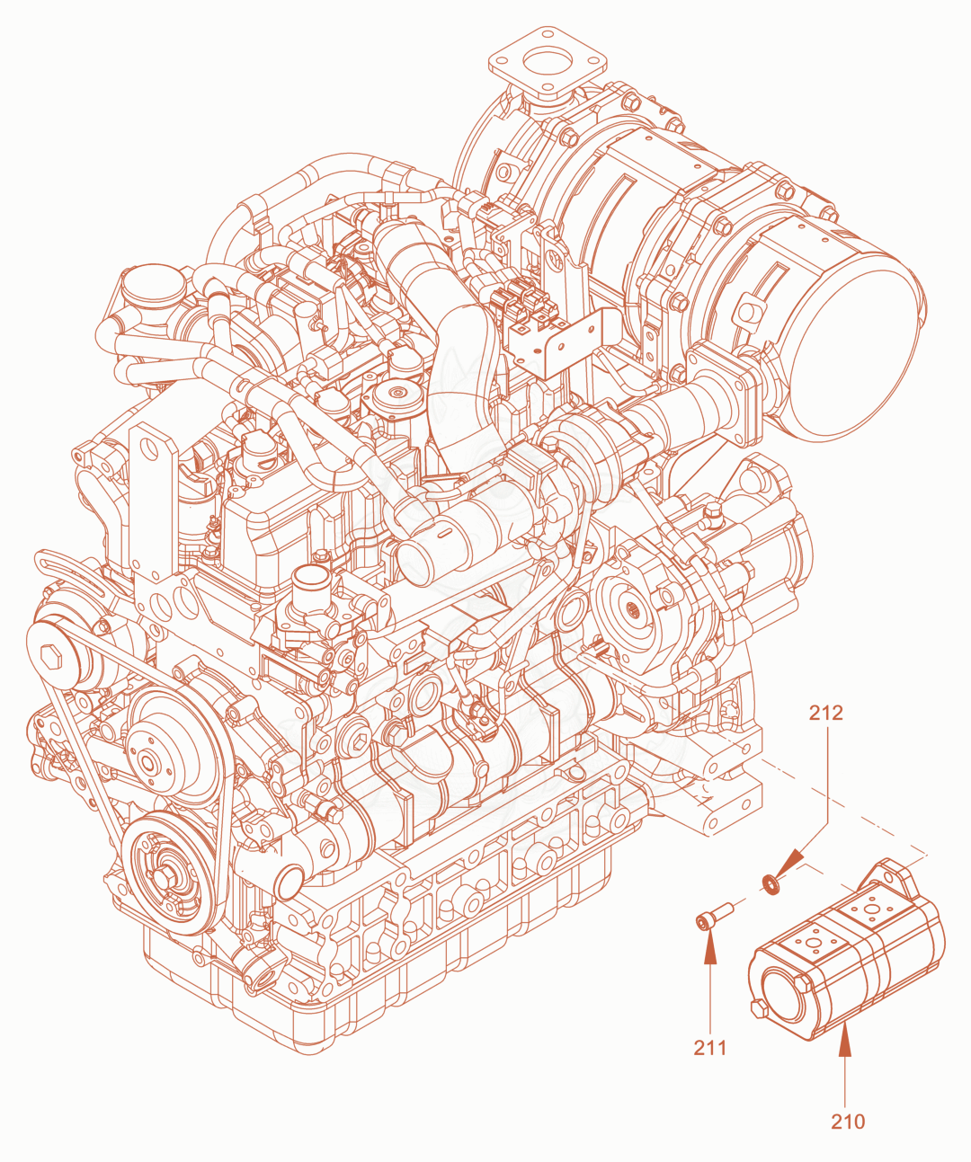 Exploded parts diagram of the pump drive and engine assembly of a Wacker Neuson RC50DPFCAB, with numbered balloons