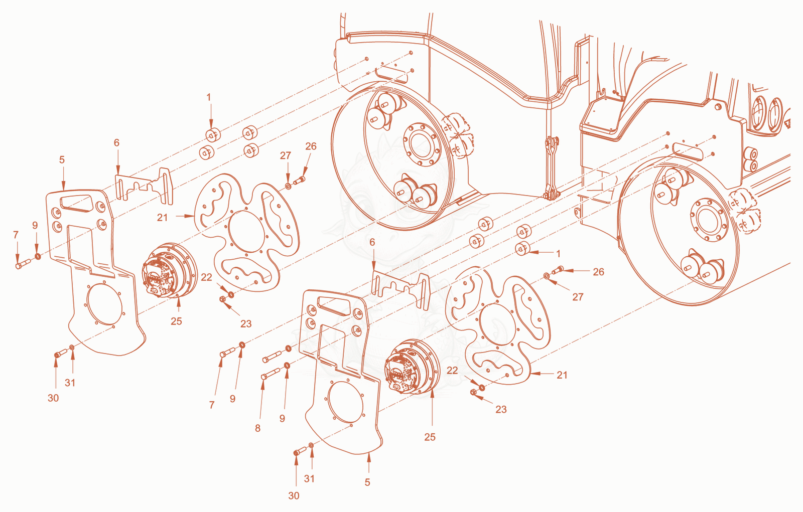 Exploded parts diagram of the mounting of a Wacker Neuson RD24-100DPF, with numbered balloons
