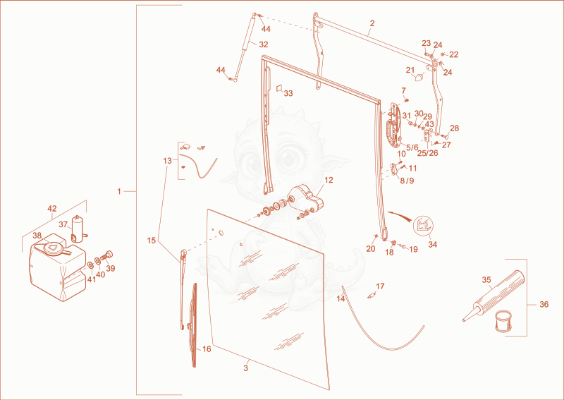 Exploded parts diagram of the front window of a Wacker Neuson 14504, with numbered balloons