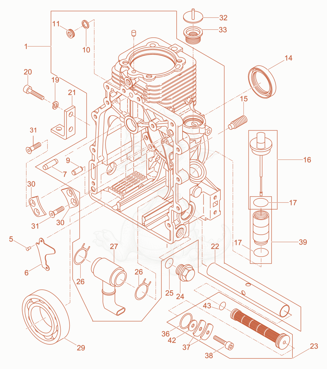Exploded parts diagram of the crankcase of a Wacker Neuson DPU2550H, with numbered balloons