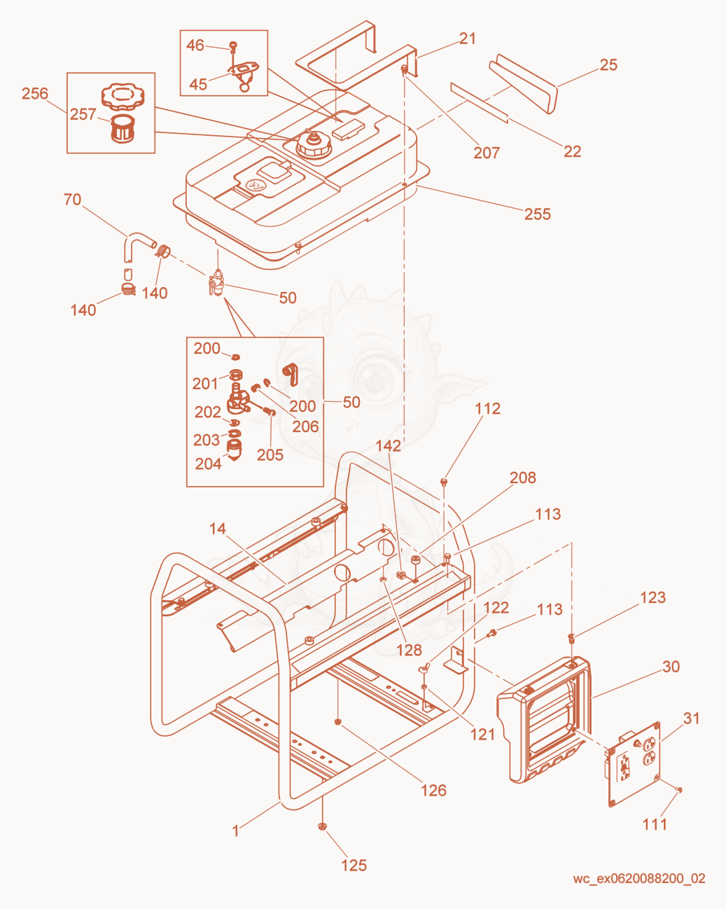 Exploded parts diagram of the Fuel Tank/Control Box/Frame of a Wacker Neuson GP2600, with numbered balloons