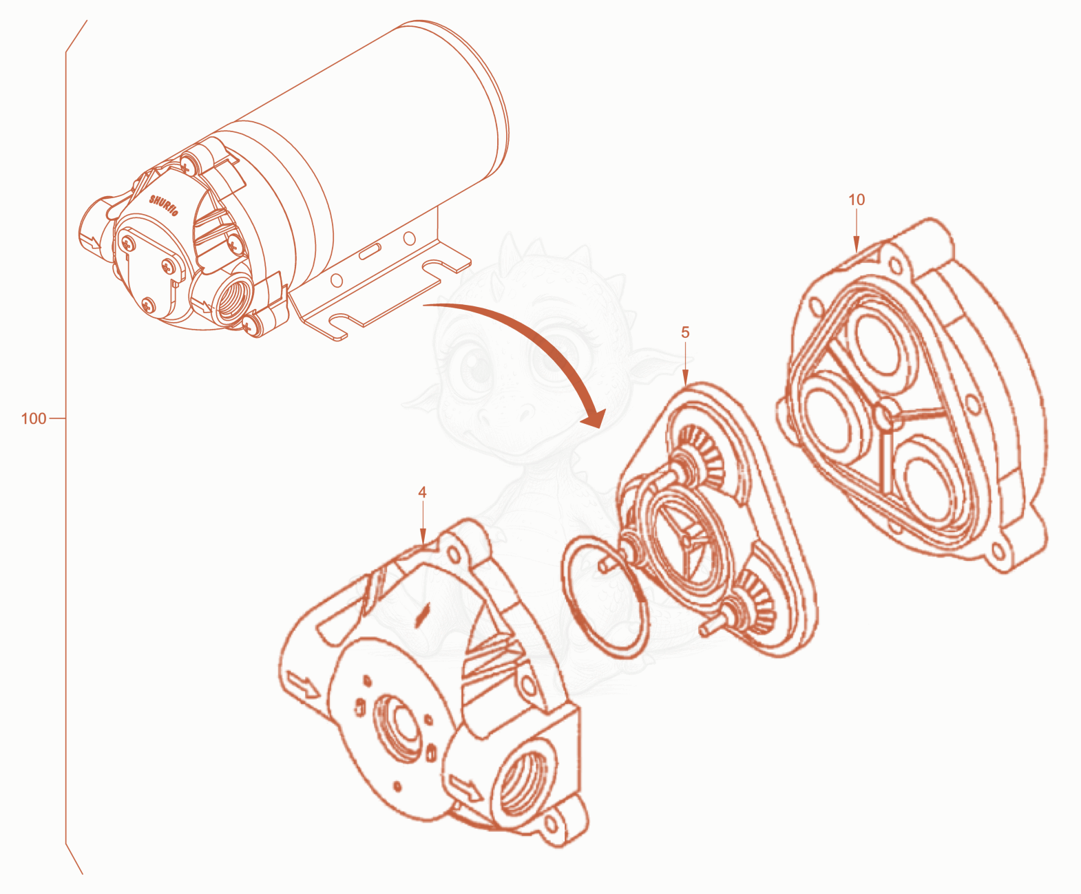 Exploded parts diagram of the water pump of a Wacker Neuson RD40-130CDPF, with numbered balloons