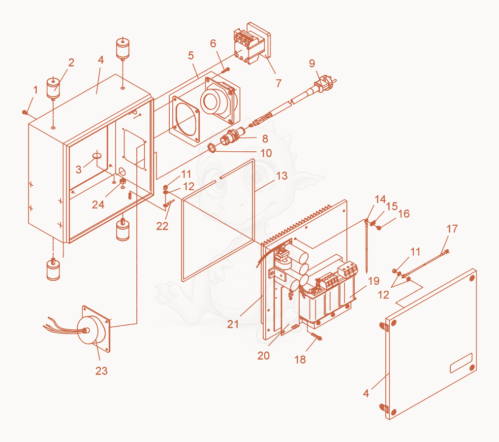 Exploded parts diagram of the Housing cpl. of a Wacker Neuson FUE1,5/250/200W, with numbered balloons