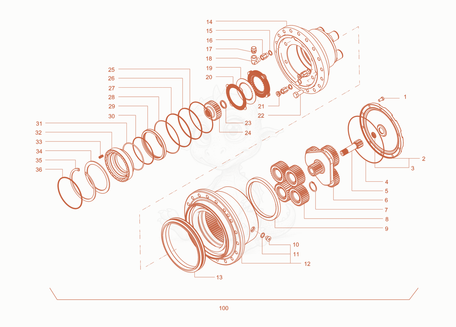 Exploded parts diagram of the wheel gear of a Wacker Neuson RC110ROPS, with numbered balloons