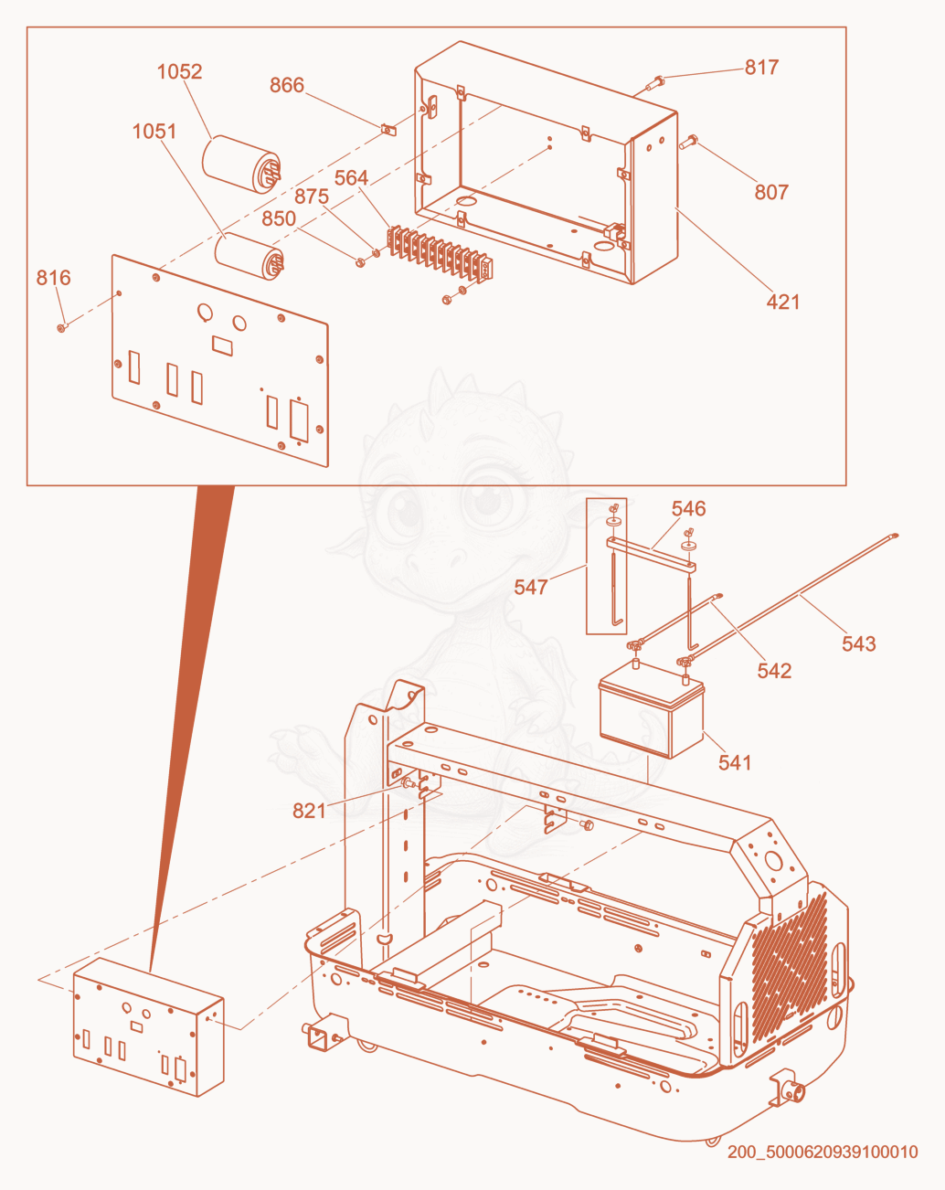 Exploded parts diagram of the Control Box/Battery of a Wacker Neuson LTN8K-LT, with numbered balloons