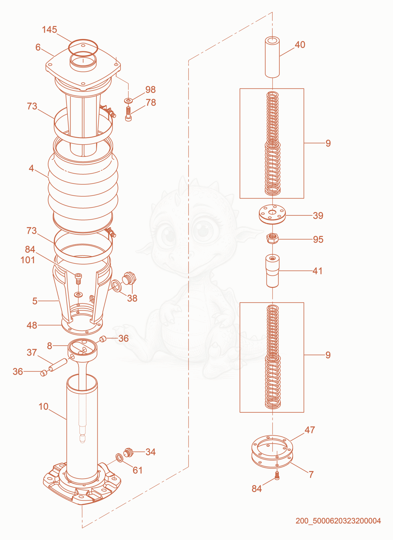 Despiece del Guide Cylinder cpl. de una máquina Wacker Neuson BS60-4S, con globos numerados
