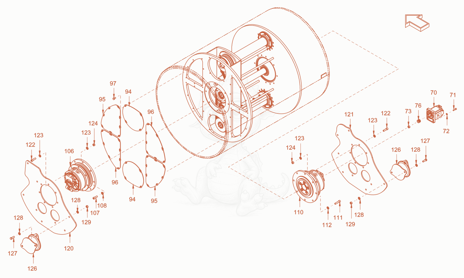 Exploded parts diagram of the roller drum with oscillator of a Wacker Neuson RD45-140O, with numbered balloons