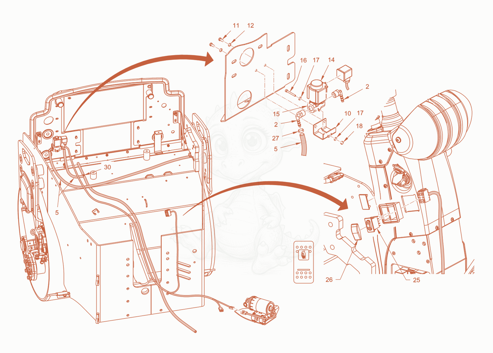 Exploded parts diagram of the edge pressing and cuttingdevice of a Wacker Neuson RD40-130CDPF, with numbered balloons