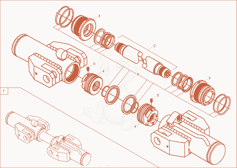 Exploded parts diagram of the 2 bowl gripper cylinder of a Wacker Neuson 5001RDV, with numbered balloons