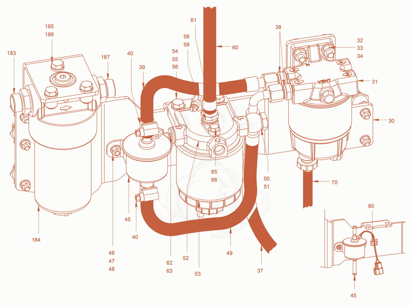 Exploded parts diagram of the fuel system of a Wacker Neuson RD40-130C.3, with numbered balloons