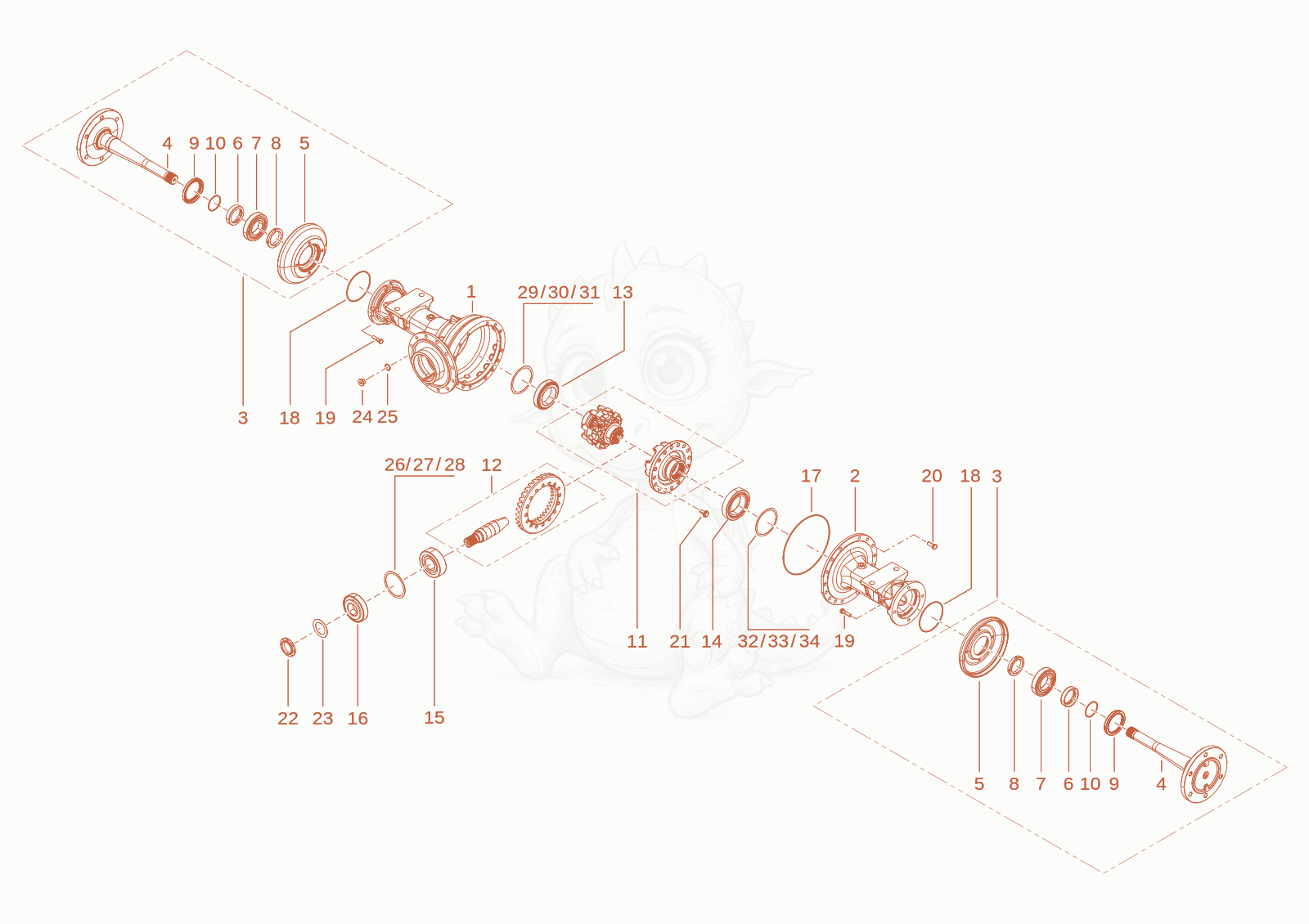 Exploded parts diagram of the rear axle of a Wacker Neuson WL28(A01-01), with numbered balloons