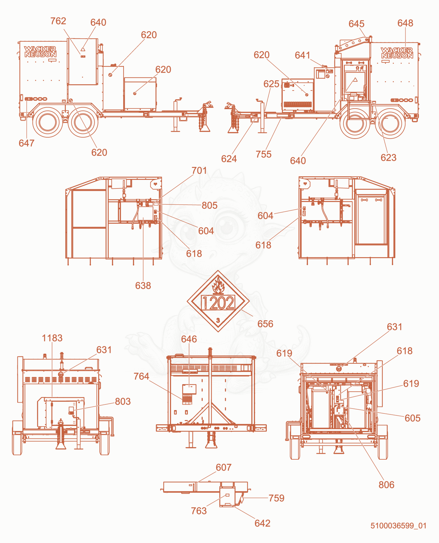 Exploded parts diagram of the Labels of a Wacker Neuson E3000, with numbered balloons
