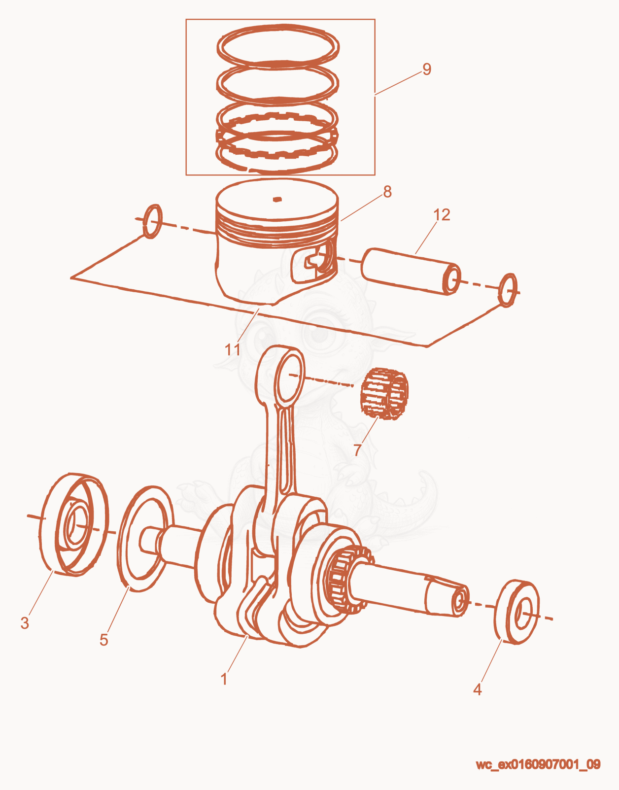 Despiece del Crankshaft/Piston/Connecting Rod de una máquina Wacker Neuson P35, con globos numerados