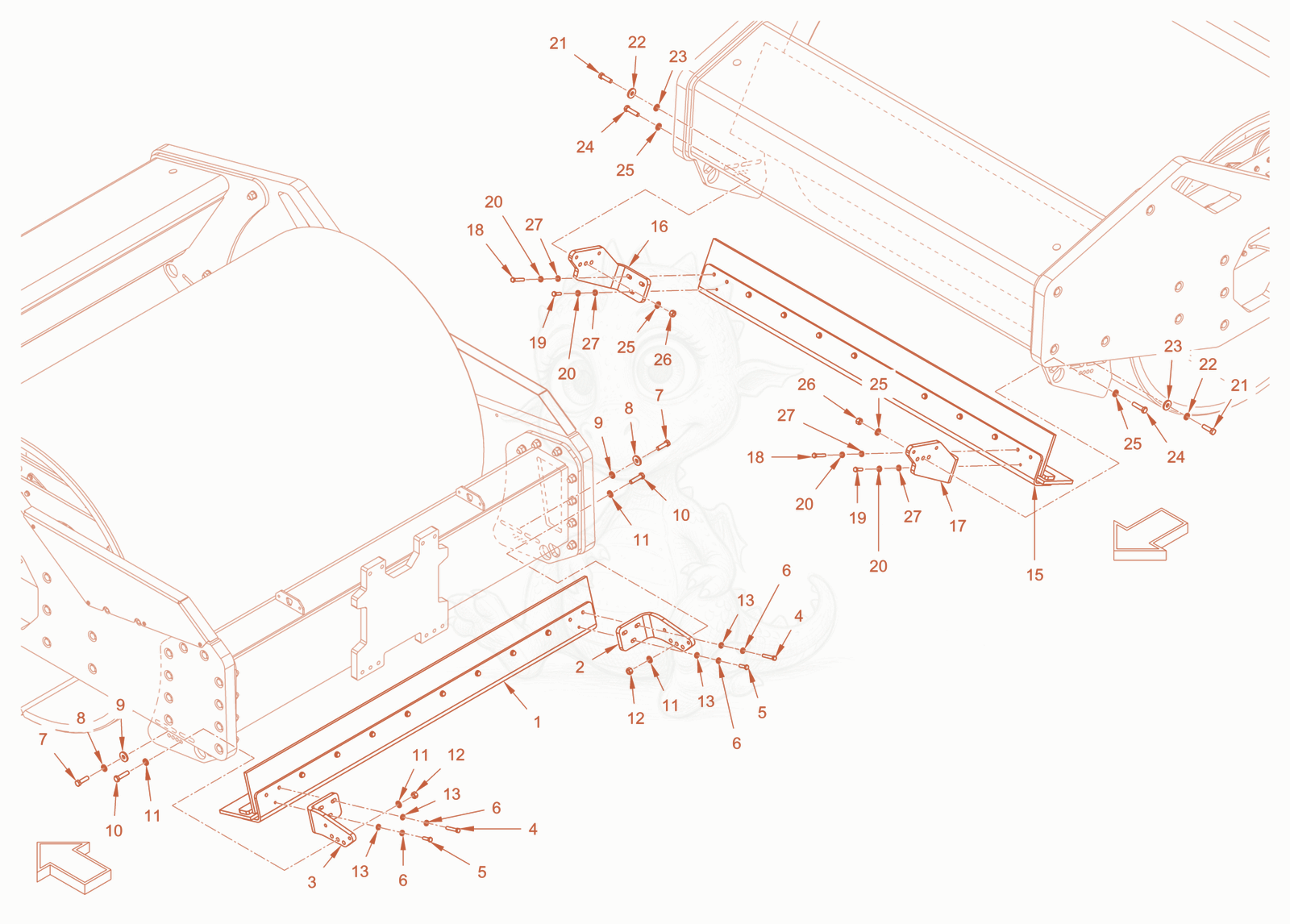 Exploded parts diagram of the v-scraper smooth roller drum of a Wacker Neuson RC110ROPS, with numbered balloons