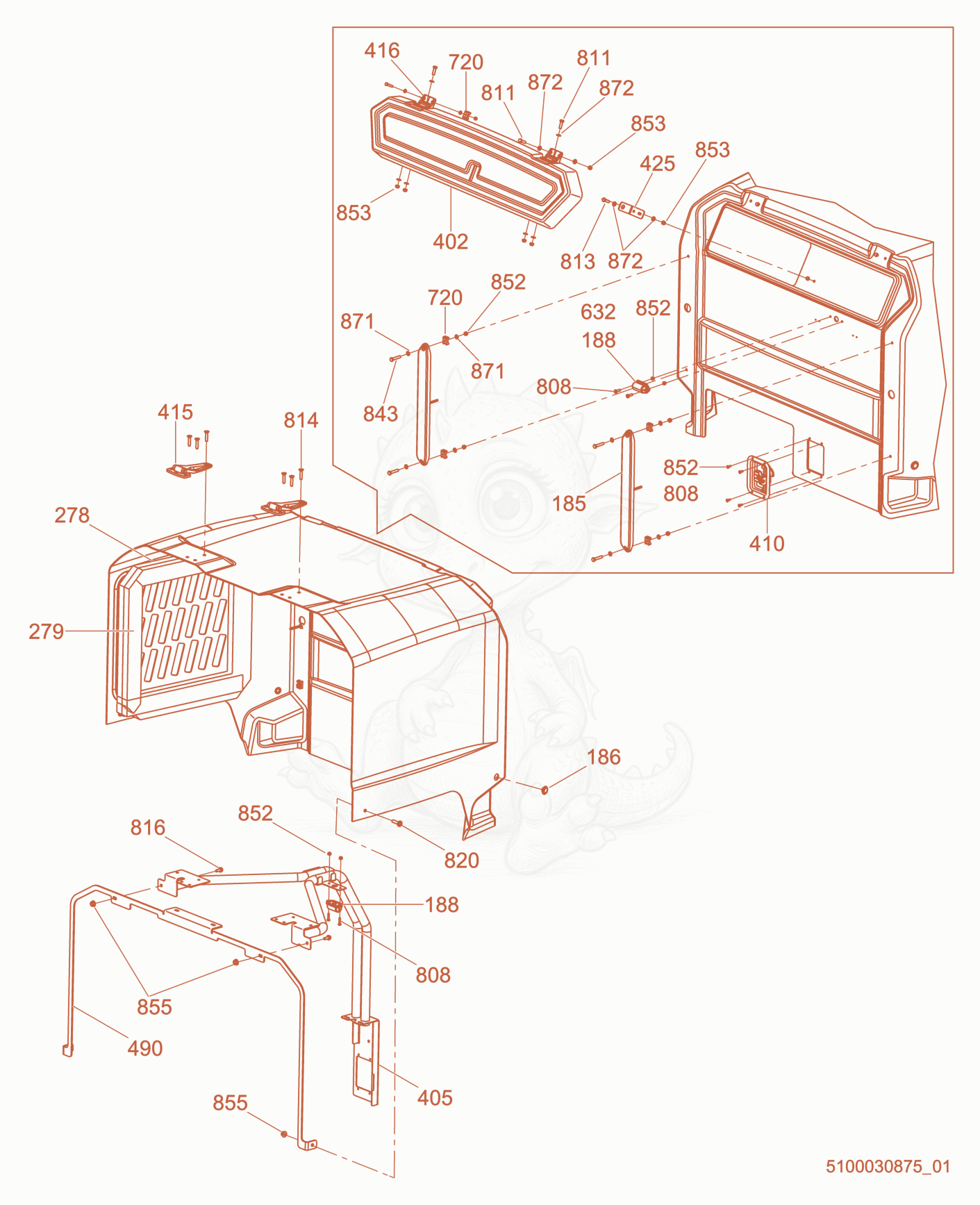 Exploded parts diagram of the Rear Enclosure of a Wacker Neuson LTV6LES, with numbered balloons