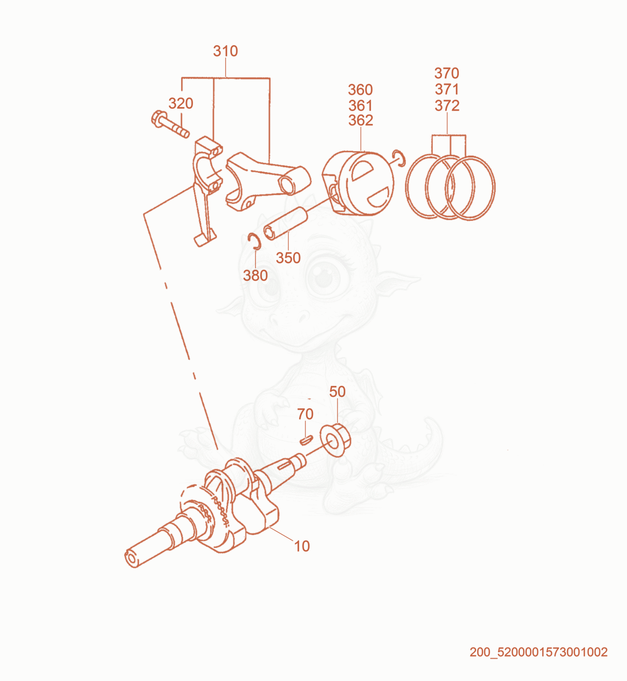 Despiece del Crankshaft/Piston/Connecting Rod de una máquina Wacker Neuson PT3, con globos numerados