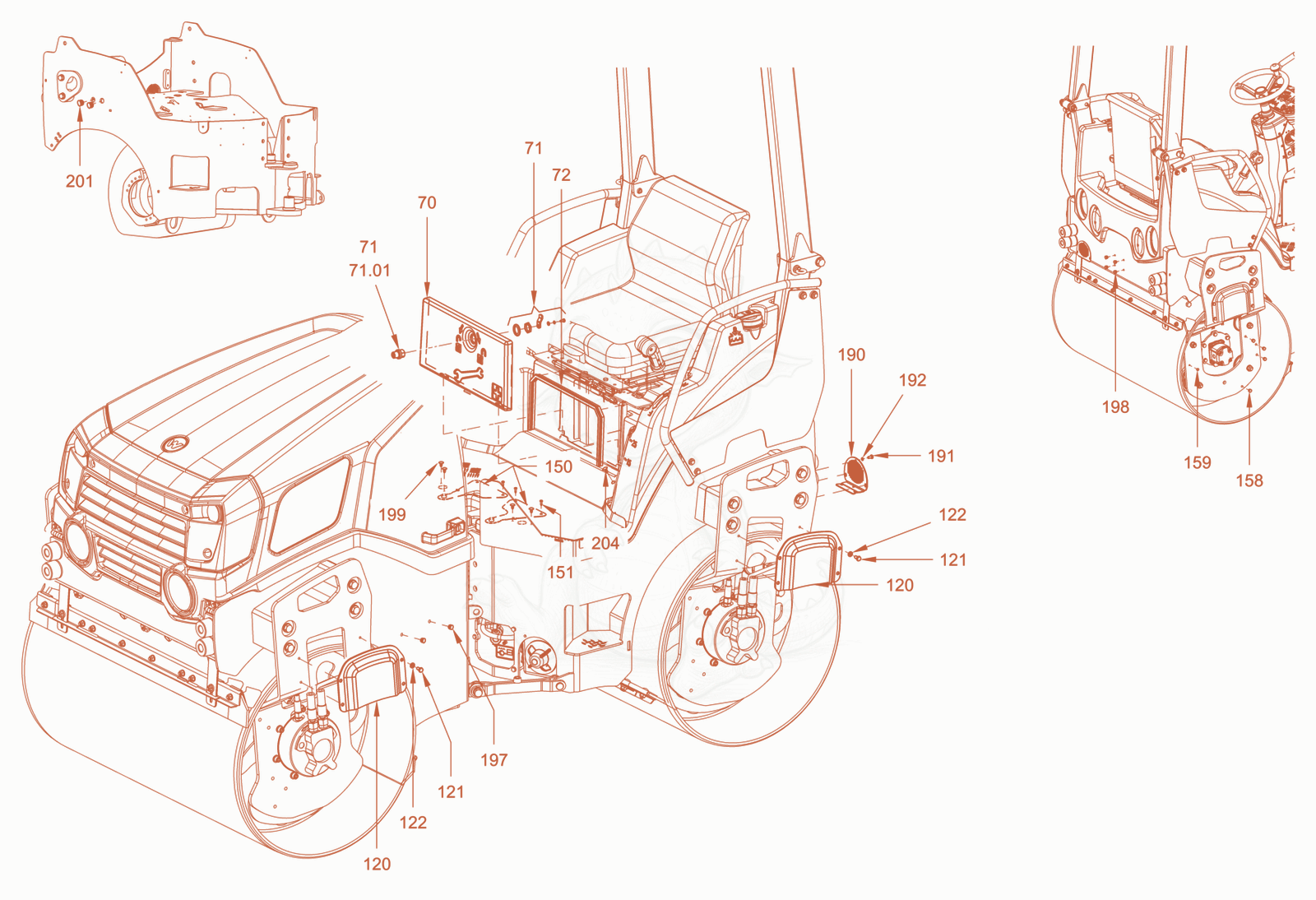 Exploded parts diagram of the canopies and covers of a Wacker Neuson RD28-120DPF, with numbered balloons