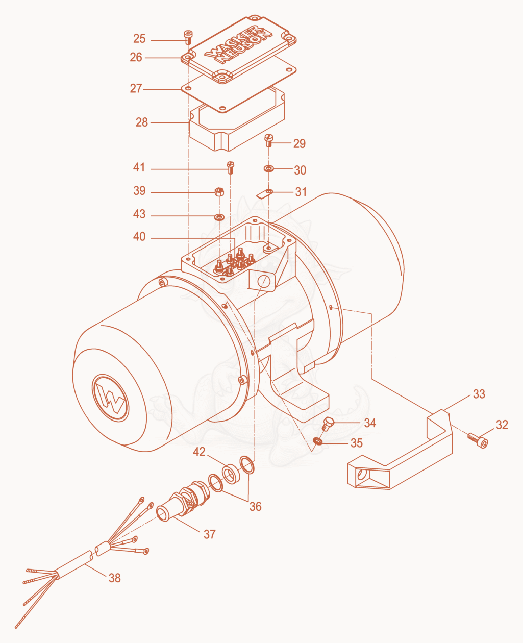 Exploded parts diagram of the External Vibrator cpl. of a Wacker Neuson AR52/3,6/460US, with numbered balloons