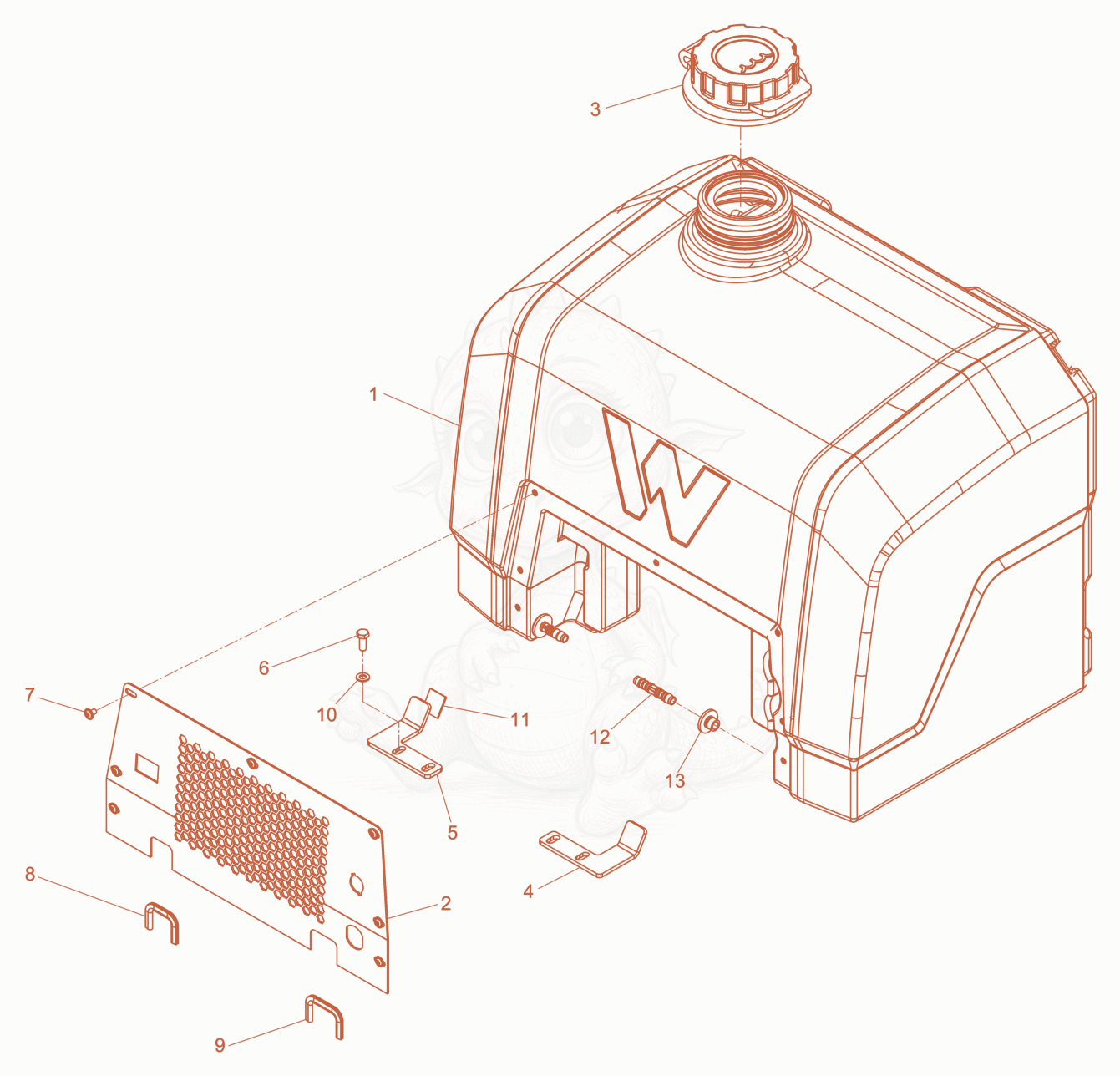 Exploded parts diagram of the Water tank cpl. of a Wacker Neuson RD7YEHHRC, with numbered balloons