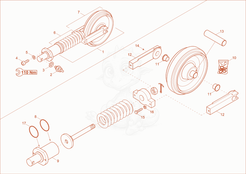 Exploded parts diagram of the track tensioner complete of a Wacker Neuson ET145, with numbered balloons