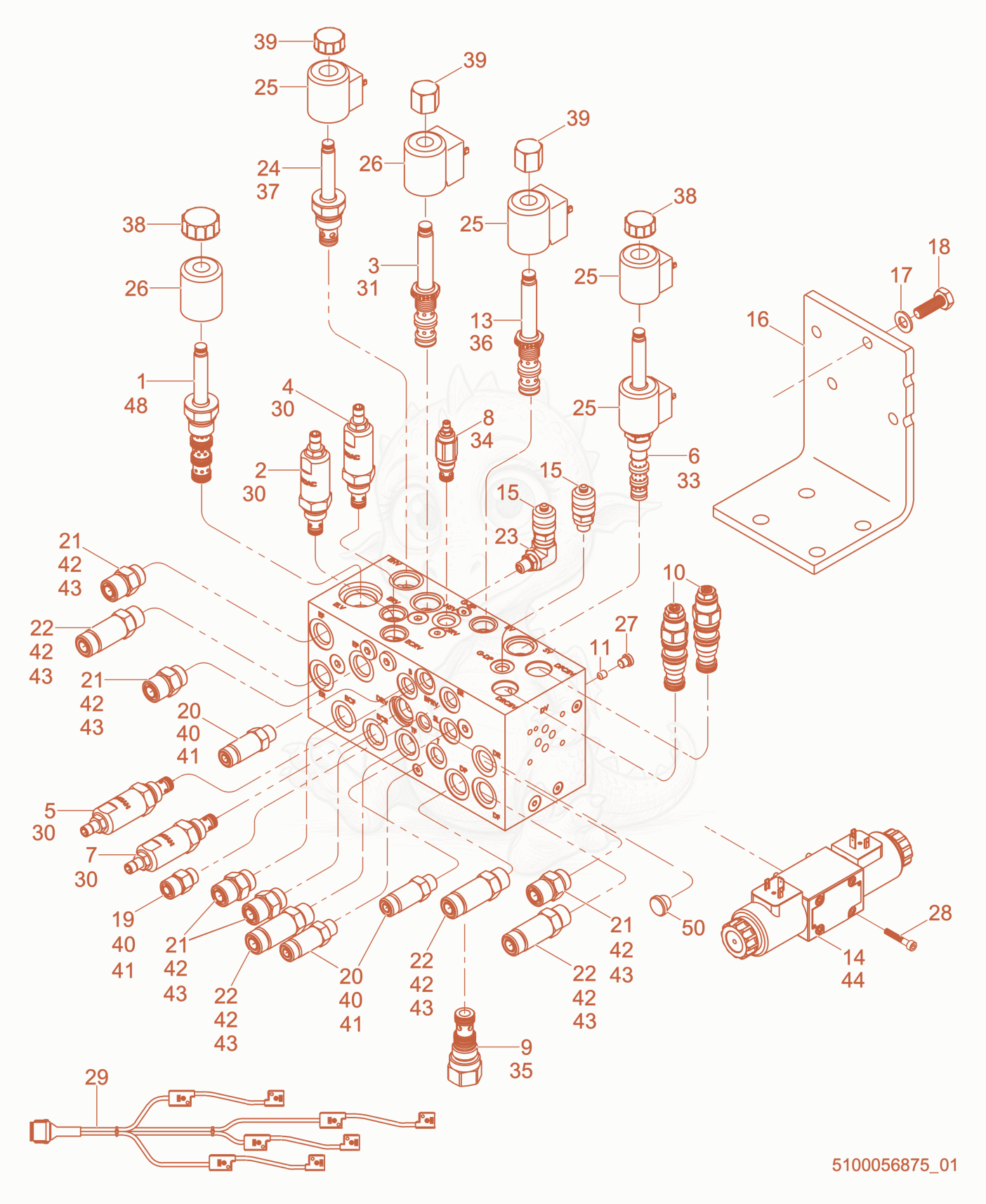 Exploded parts diagram of the Hydraulic Manifold of a Wacker Neuson RTKX-SC3, with numbered balloons