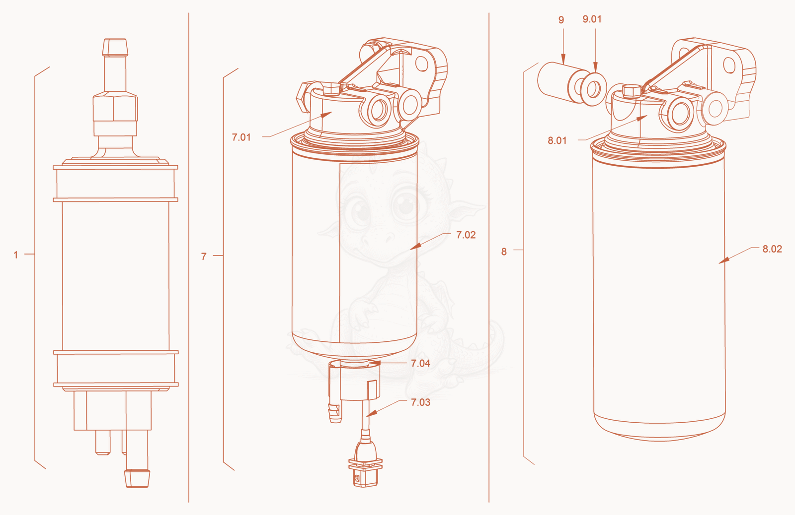 Exploded parts diagram of the fuel filter of a Wacker Neuson RC110, with numbered balloons