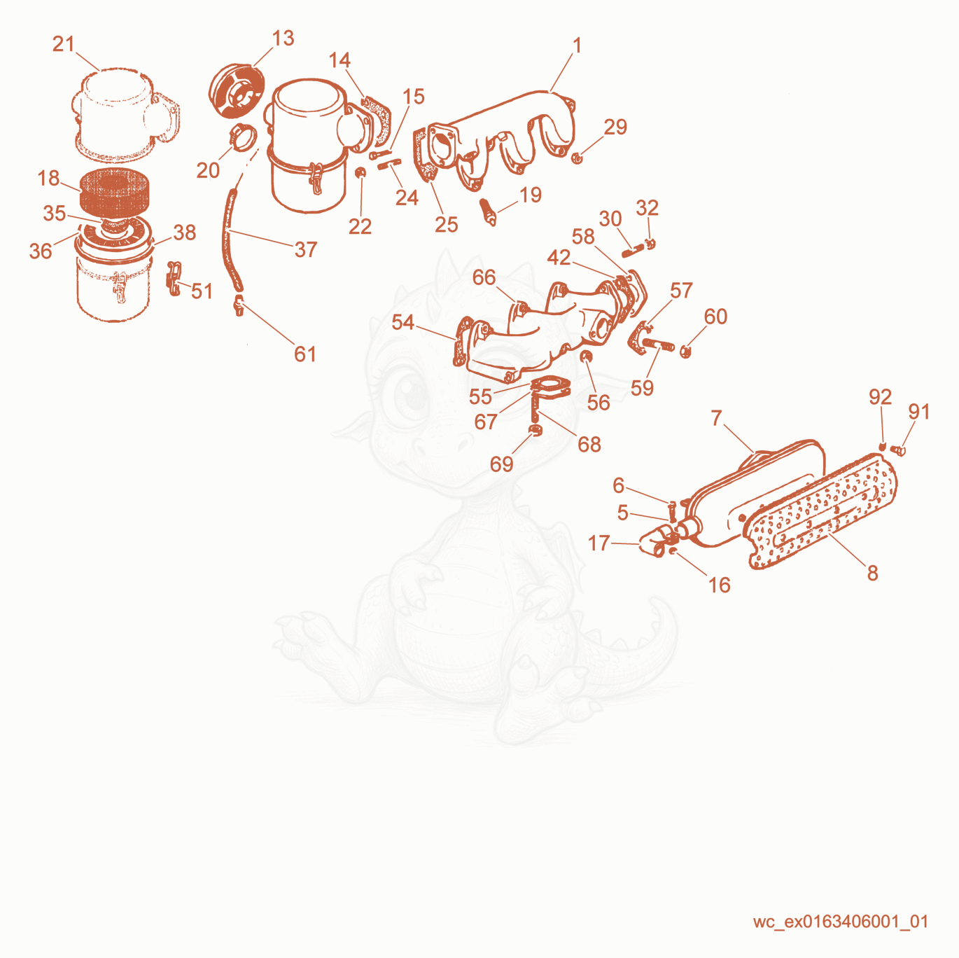 Exploded parts diagram of the Air Cleaner/Exhaust System/Manifolds of a Wacker Neuson PT6LS, with numbered balloons