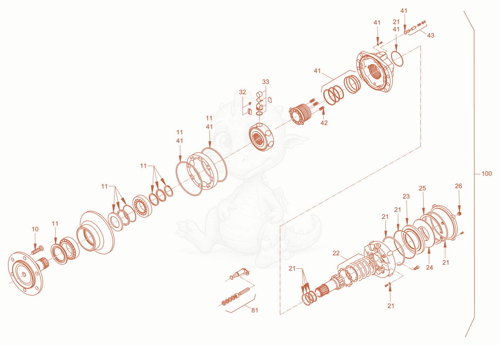 Exploded parts diagram of the gear hub motor of a Wacker Neuson RC50PDPFCAB, with numbered balloons