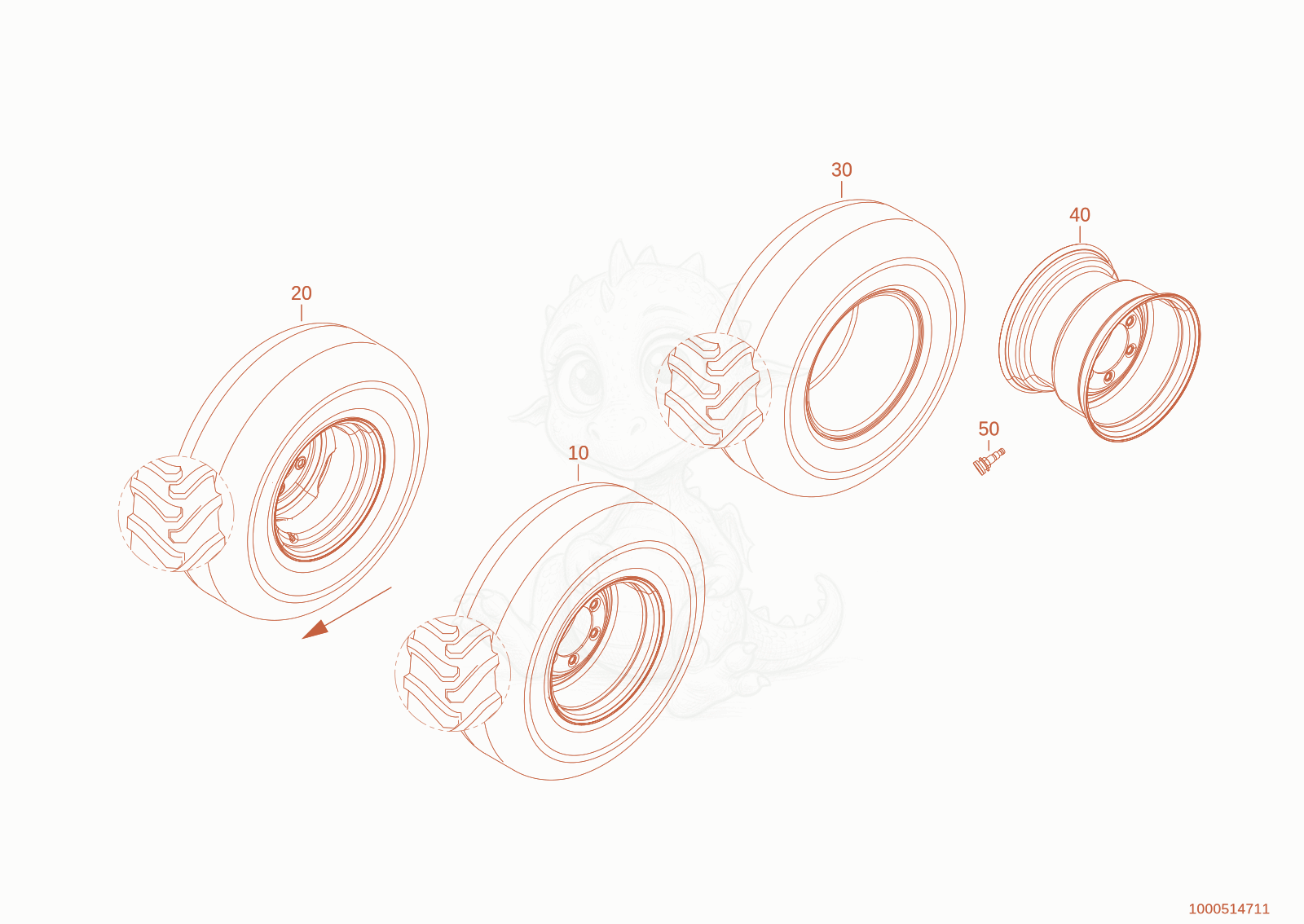 Exploded parts diagram of the wheel 400/70-18 ET0 of a Wacker Neuson WL750(A04-01), with numbered balloons
