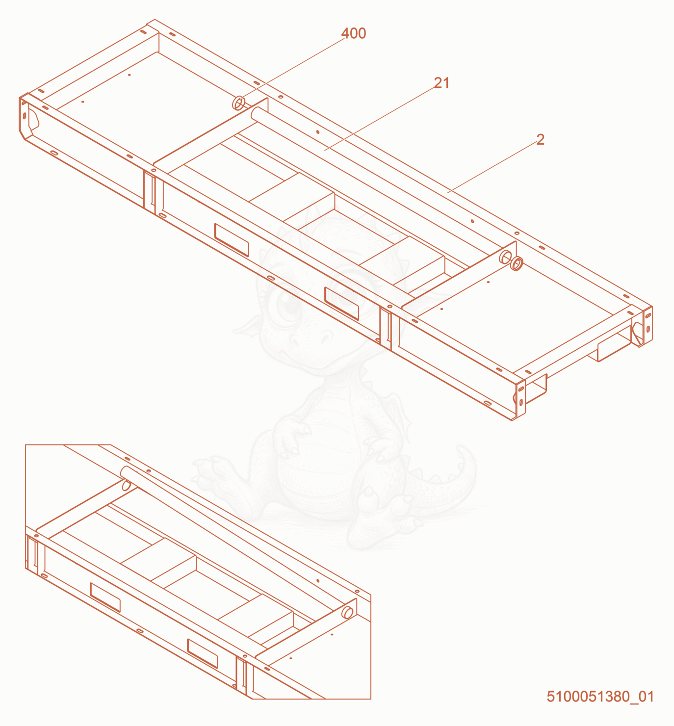 Exploded parts diagram of the Skid Assembly of a Wacker Neuson HI1000, with numbered balloons