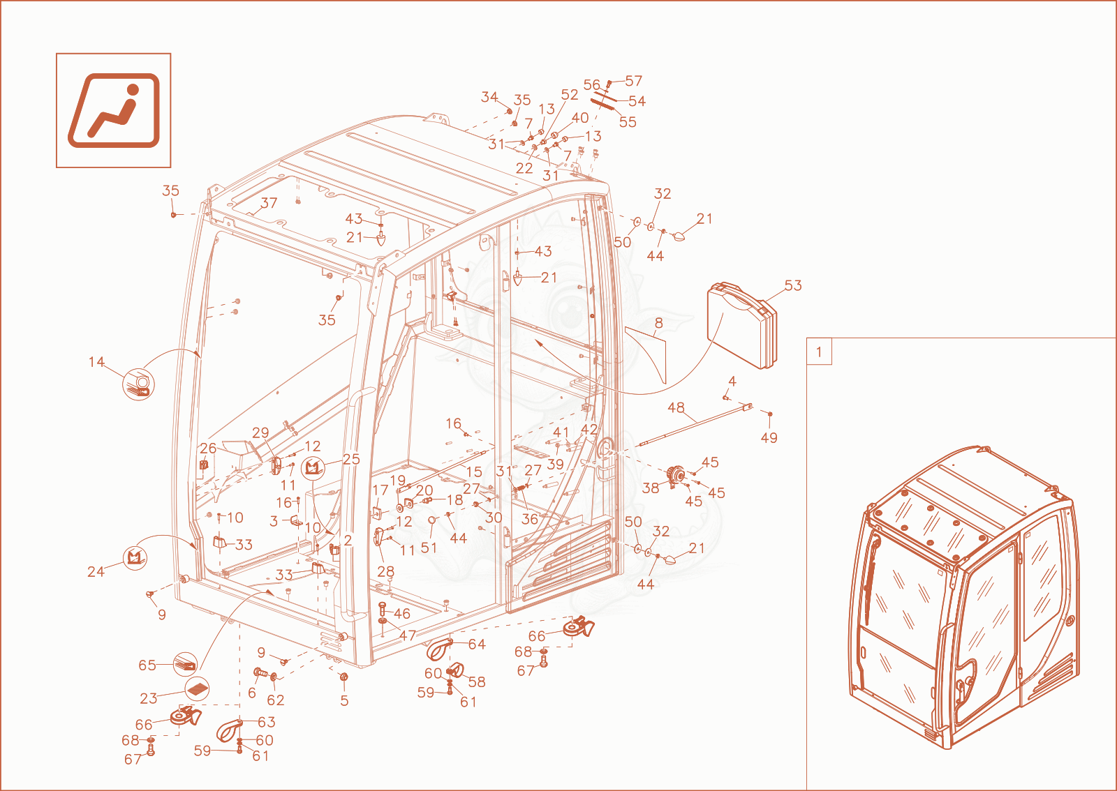 Exploded parts diagram of the CABIN FRAME of a Wacker Neuson EW65, with numbered balloons